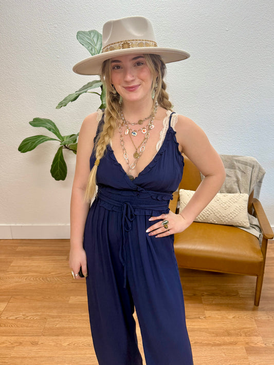 Navy Ruffled Wrap Jumpsuit