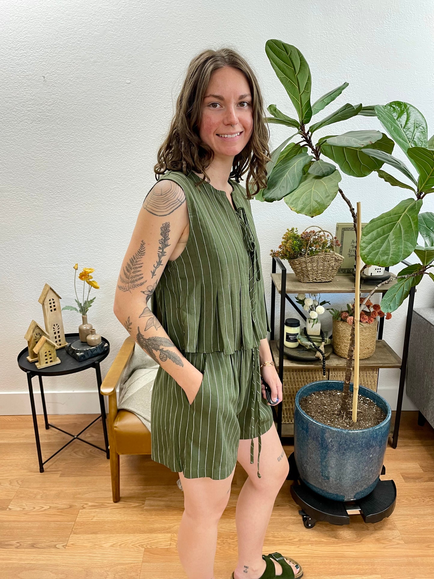 Olive Linen Striped Shorts