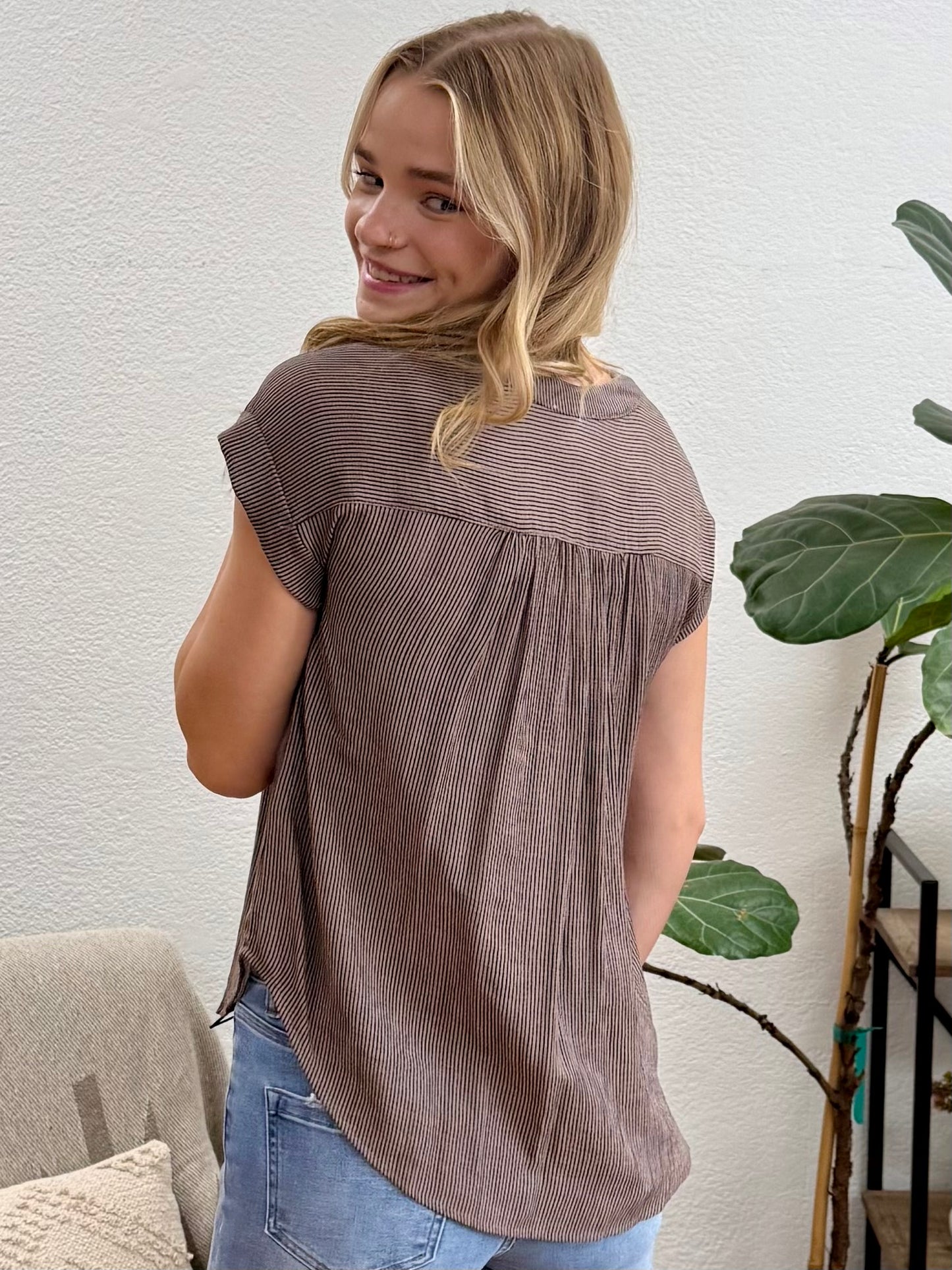 Mocha Pinstripe Button Down Top