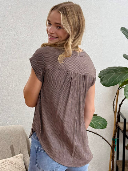 Mocha Pinstripe Button Down Top