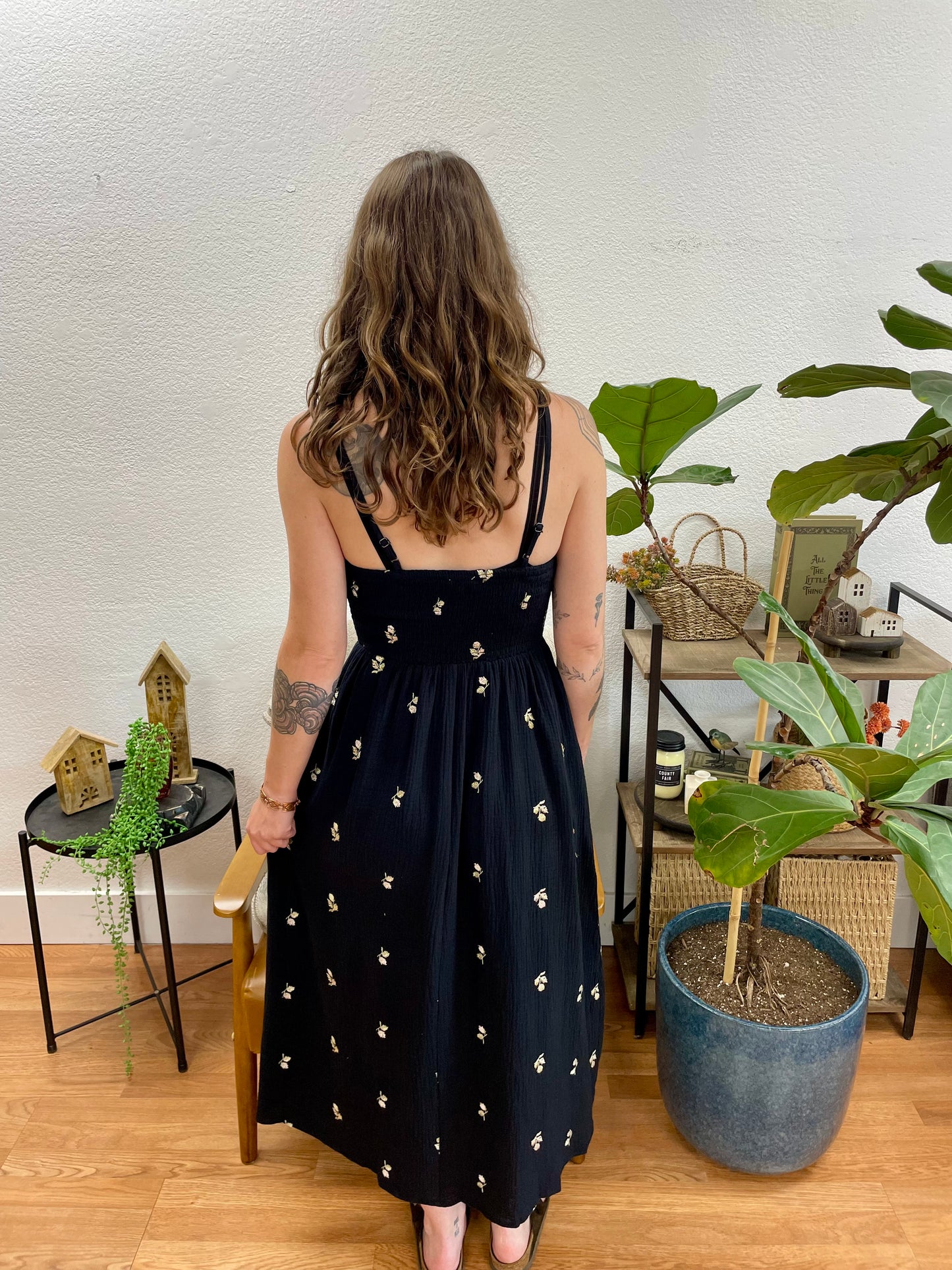 Black Gauze Embroidered Midi Dress