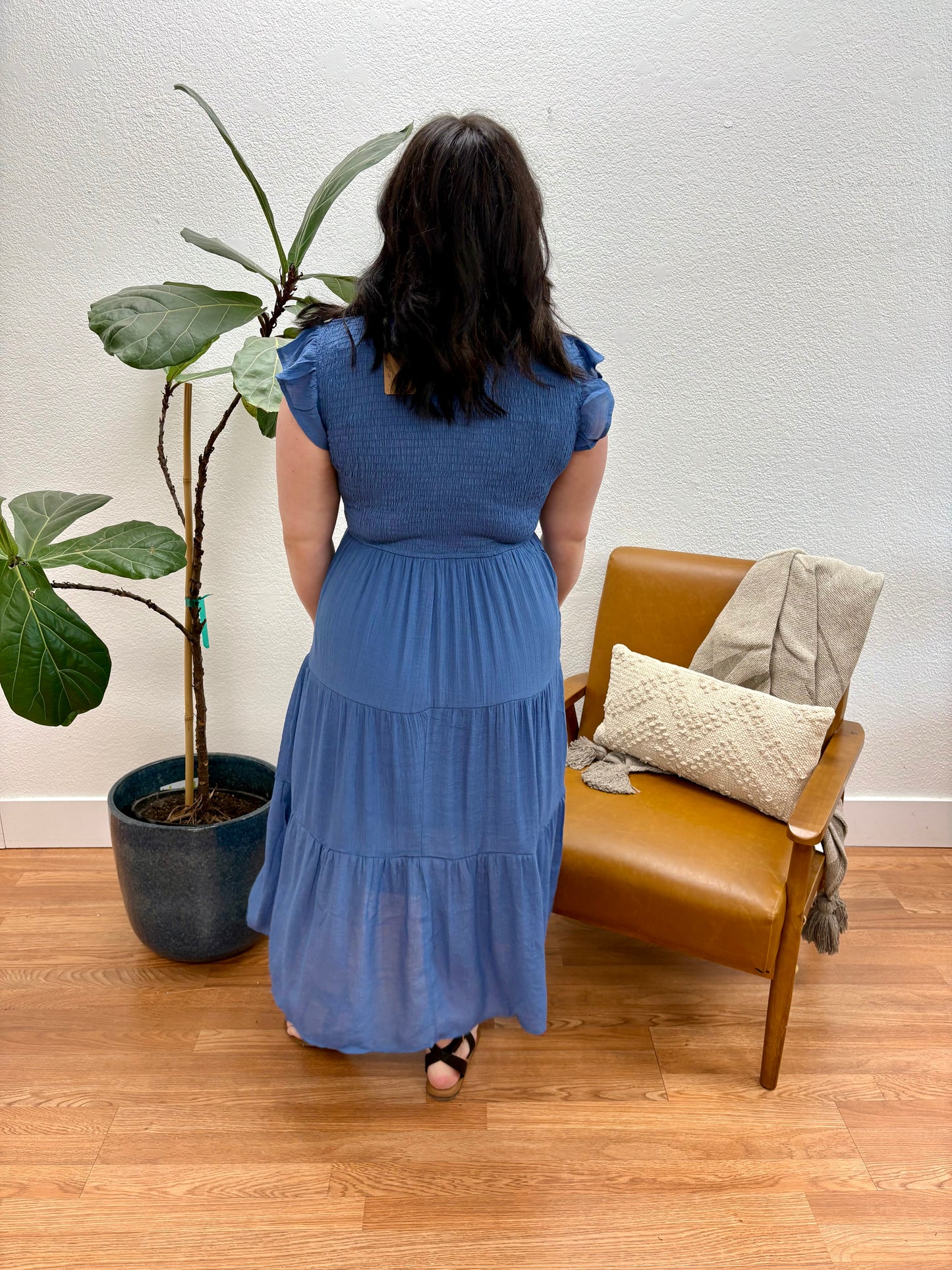 Dusty Blue Smocked Tiered Midi Dress