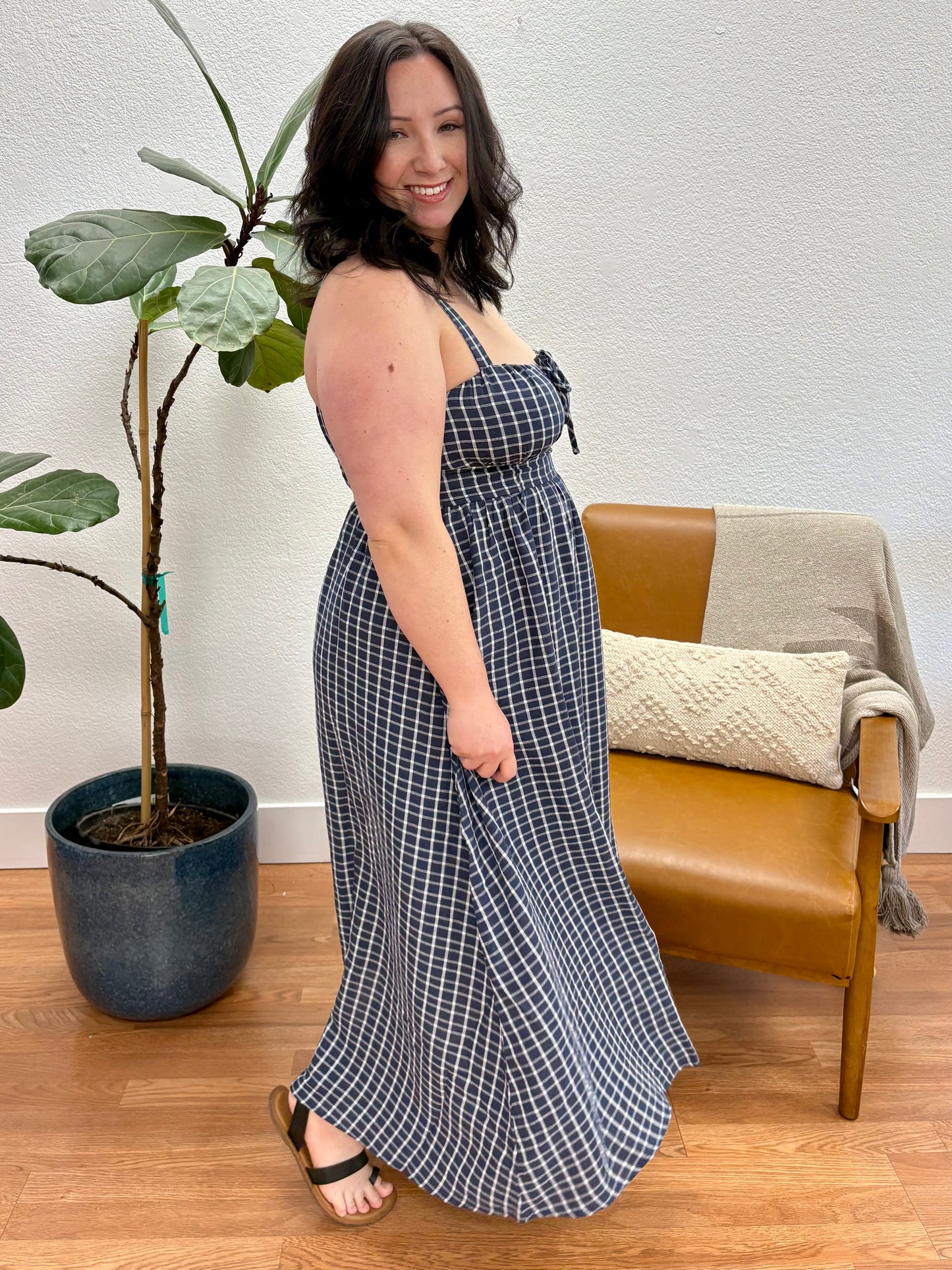 Navy Plaid Corset Midi Dress