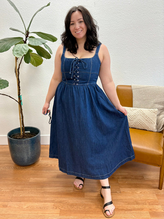 Denim Lace Up Midi Dress
