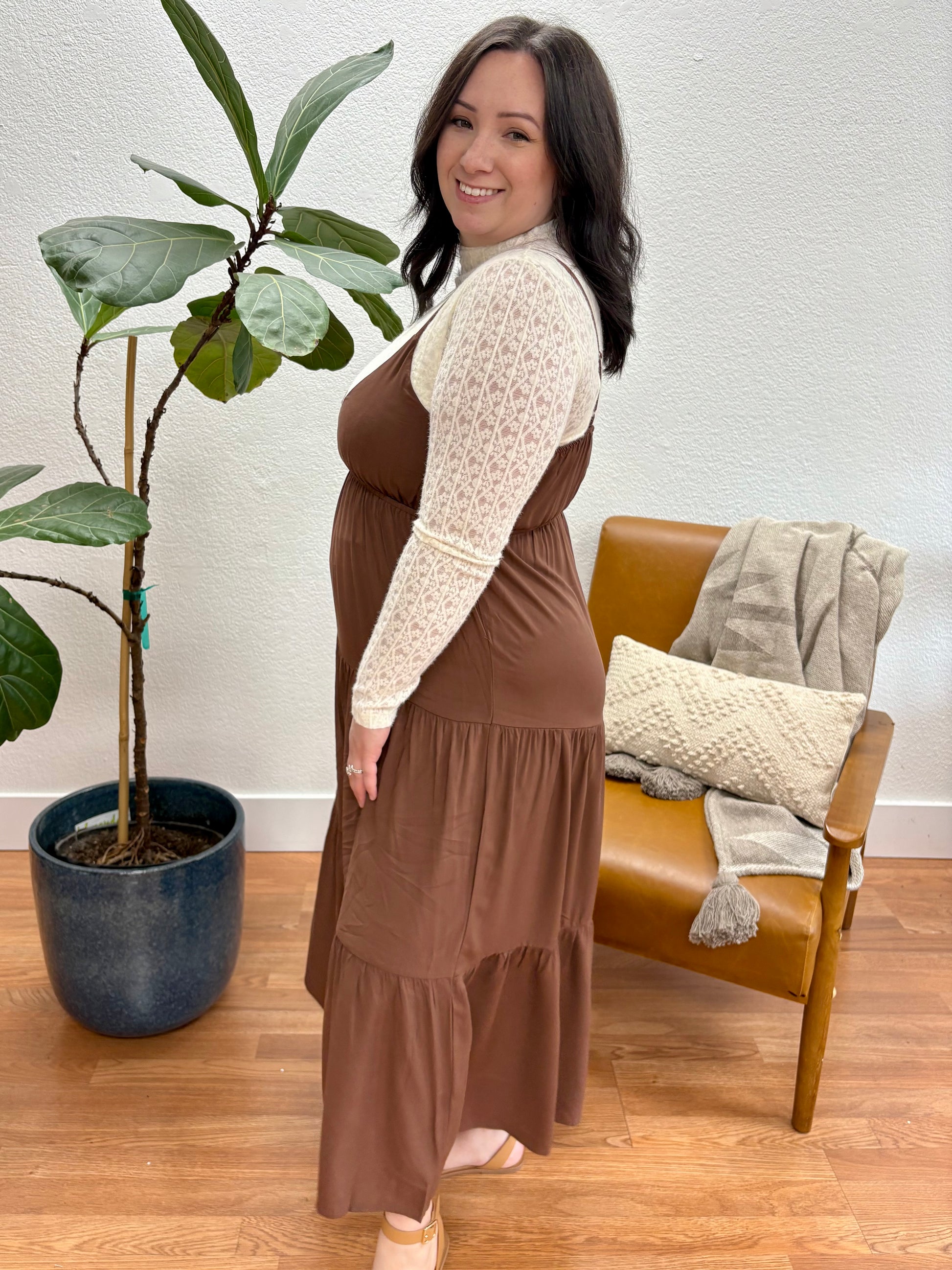 Brown Sweetheart Neckline Tiered Midi Dress Brown Sweetheart Neckline Tiered Midi Dress