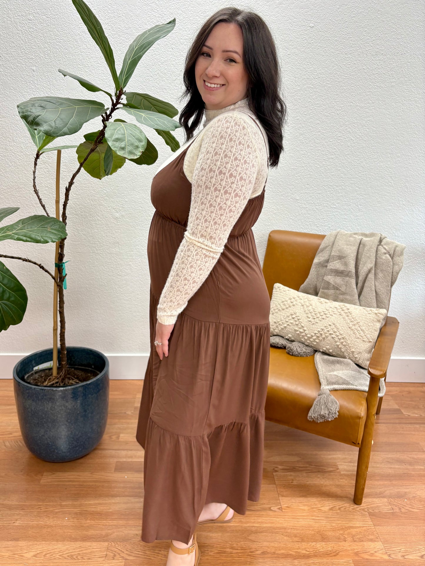 Brown Sweetheart Neckline Tiered Midi Dress