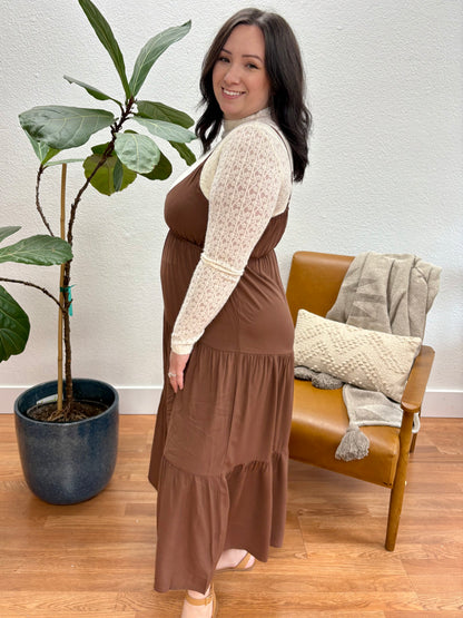 Brown Sweetheart Neckline Tiered Midi Dress