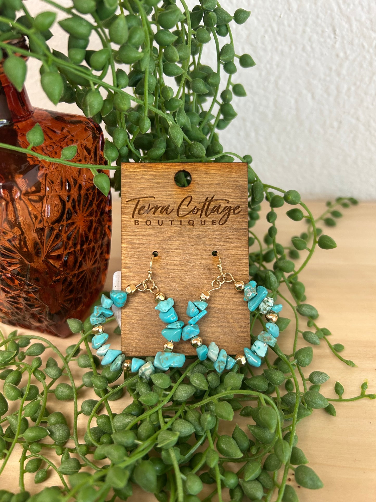 Stone Chip Beaded Hoop Dangle Earrings