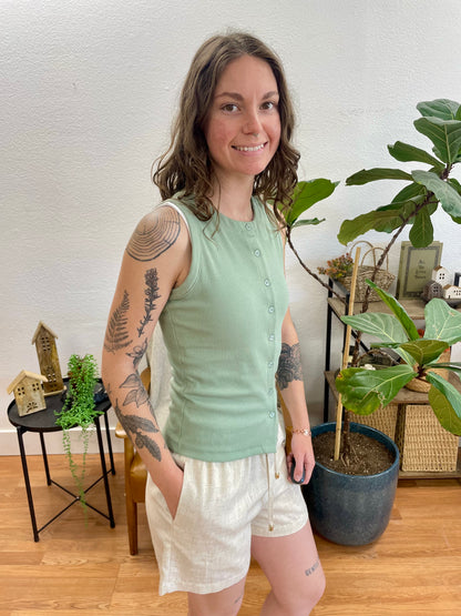 Sage Ribbed Button Up Tank