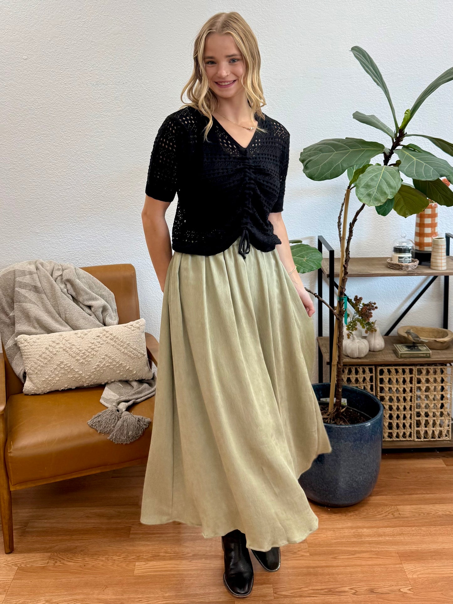 Light Olive Textured Midi Skirt