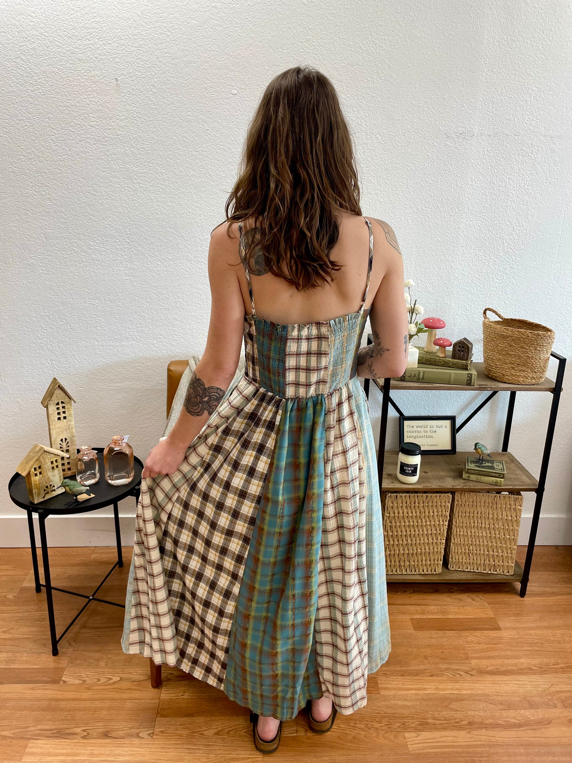 Sage Mixed Checkered Midi Dress - Terra Cottage
