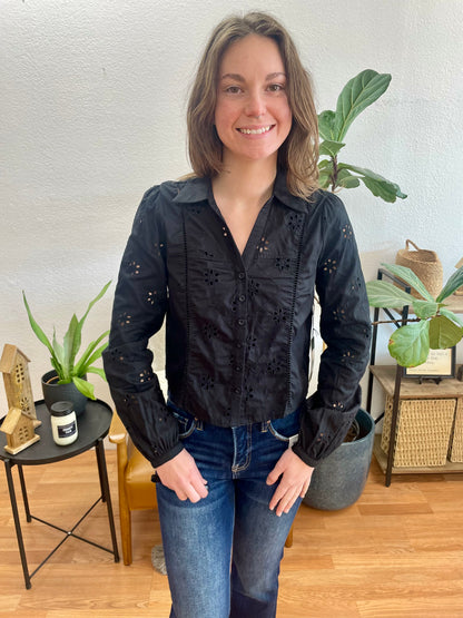 Black Embroidered Eyelet Collared Top - Terra Cottage