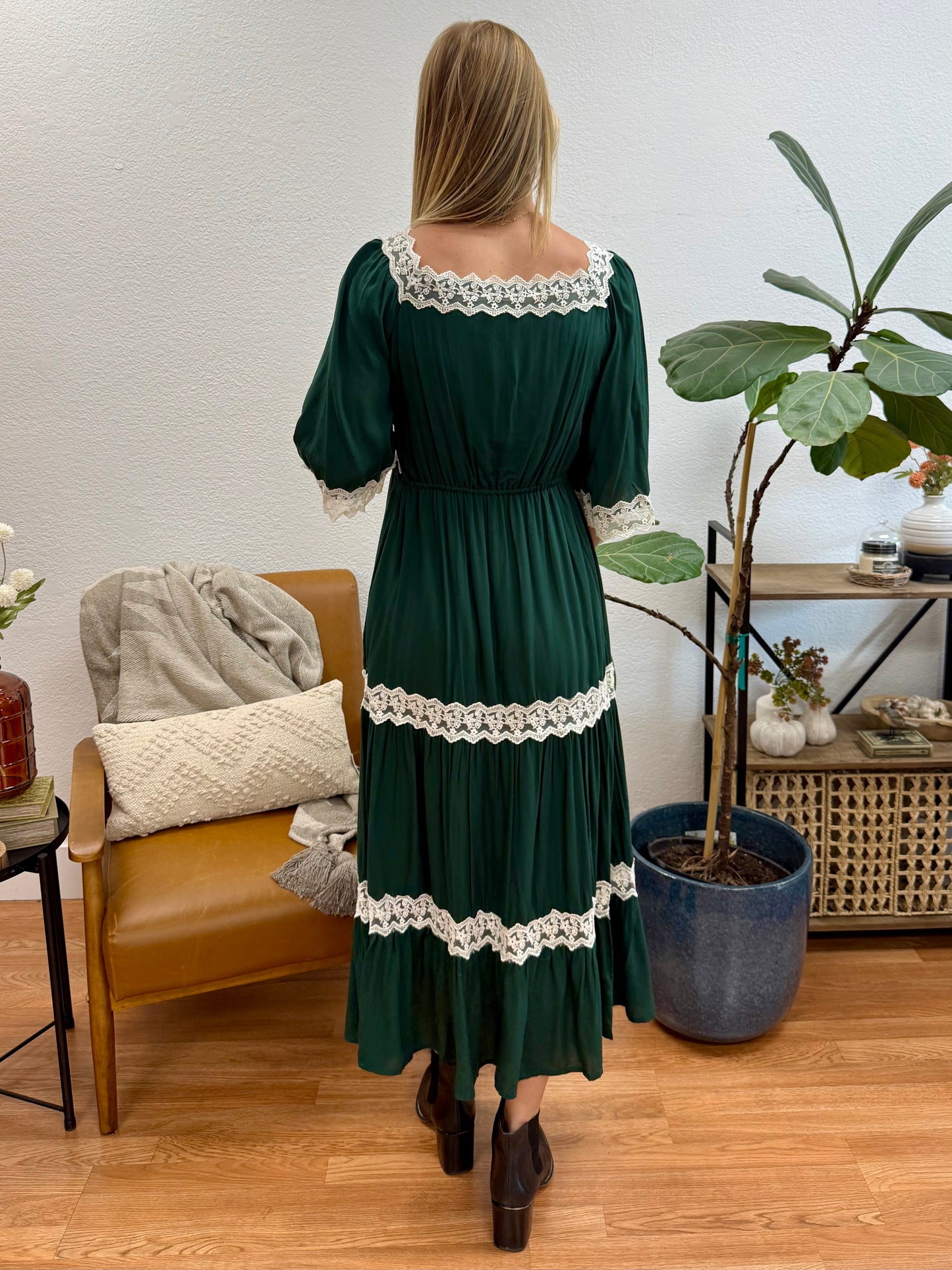 Hunter Green Lace Trim Midi Dress