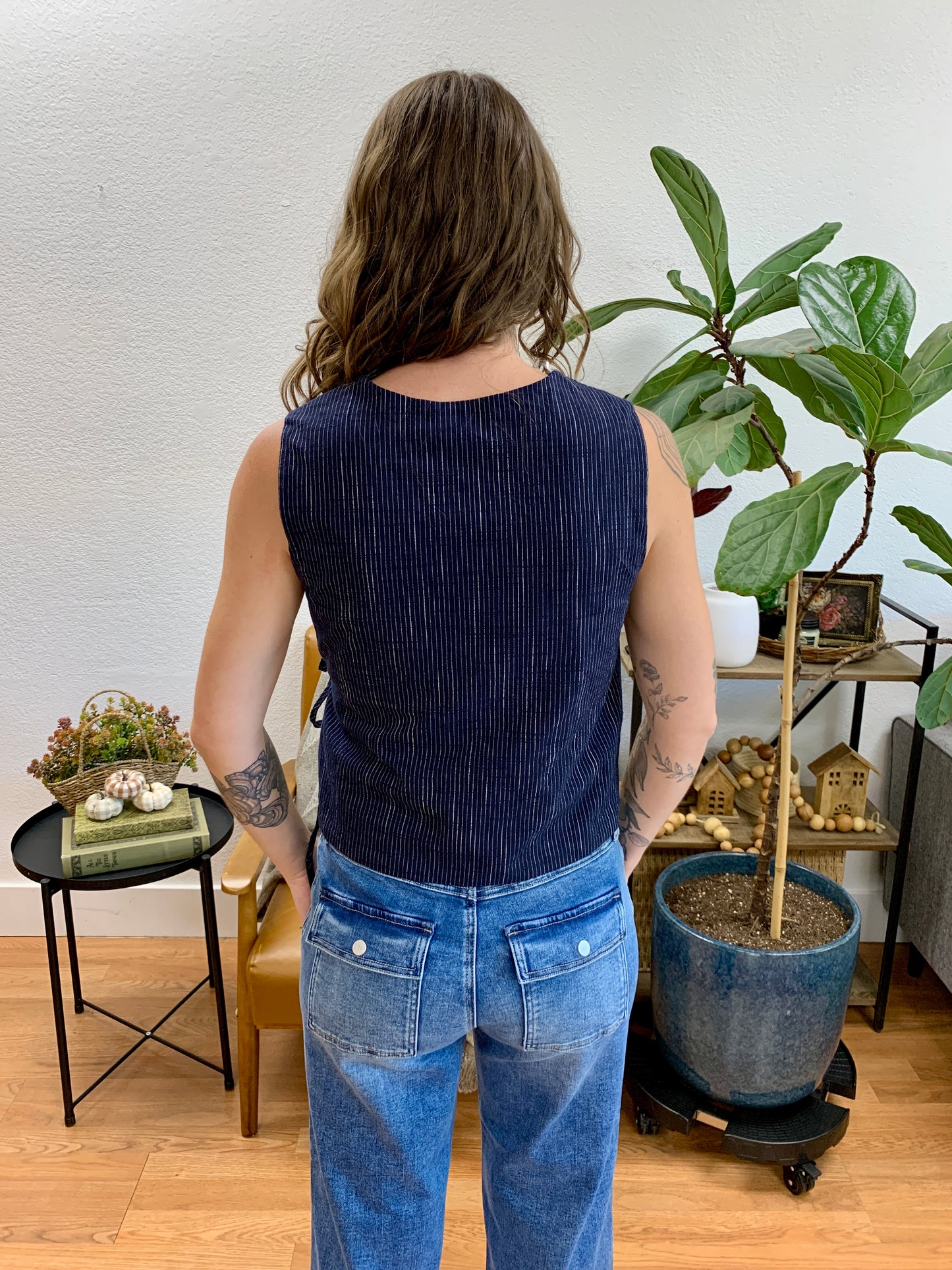 Navy Sleeveless Surplice Stripe Gauze Top
