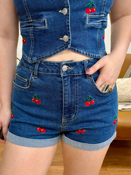 Cherry Embroidered Denim Shorts