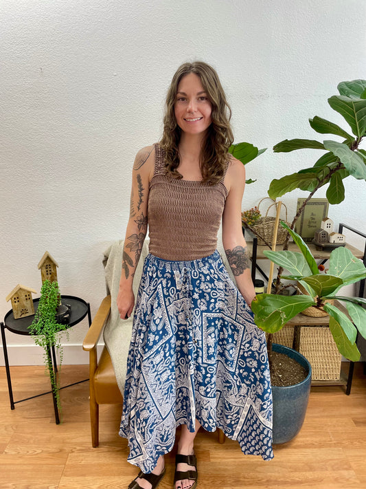 Blue Paisley Scarf Hem Skirt
