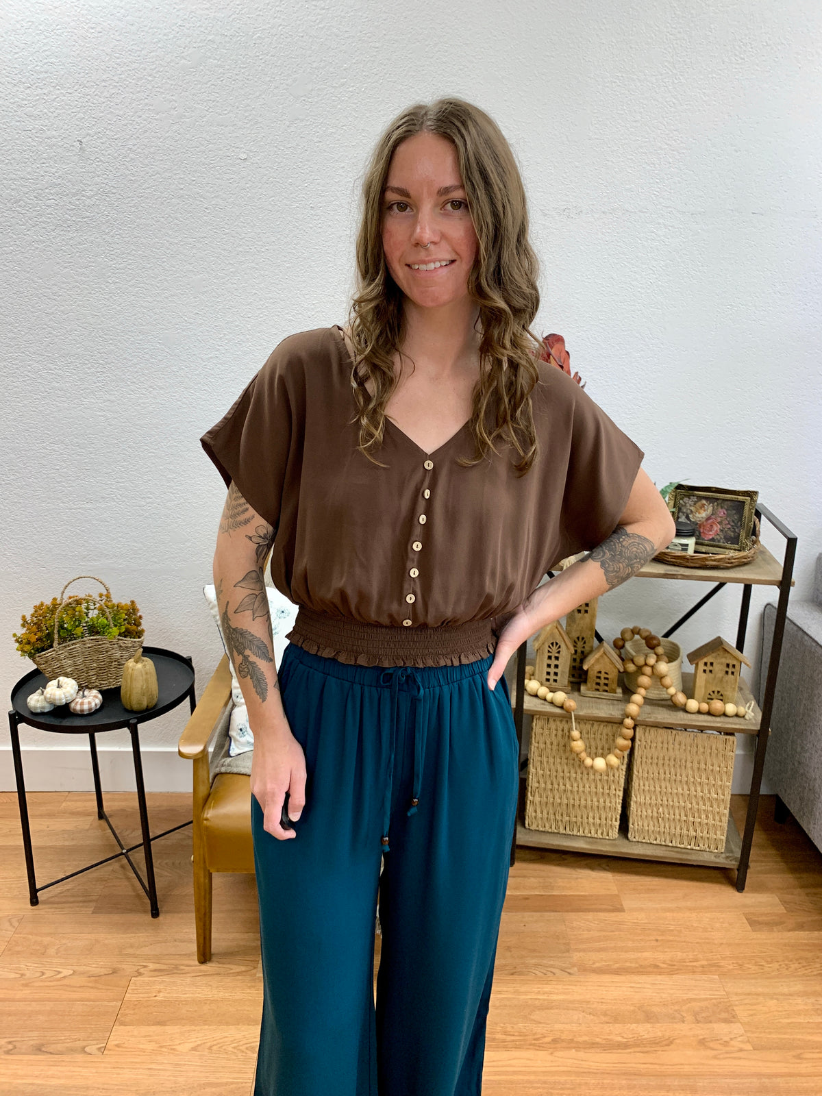 Chocolate Button Front V Neck Top