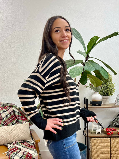 Black Front Seam Striped Sweater
