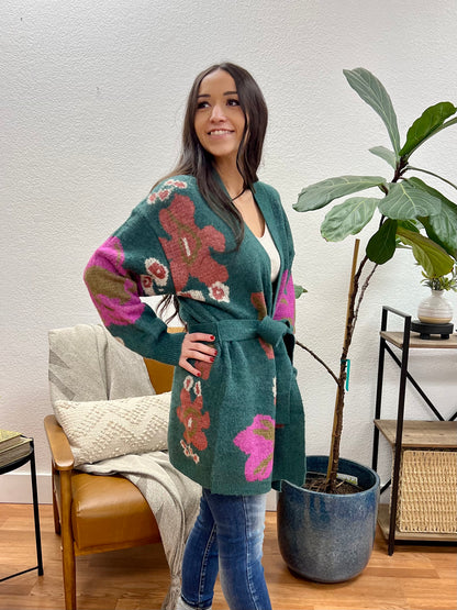 Hunter Green Bold Floral Cardigan