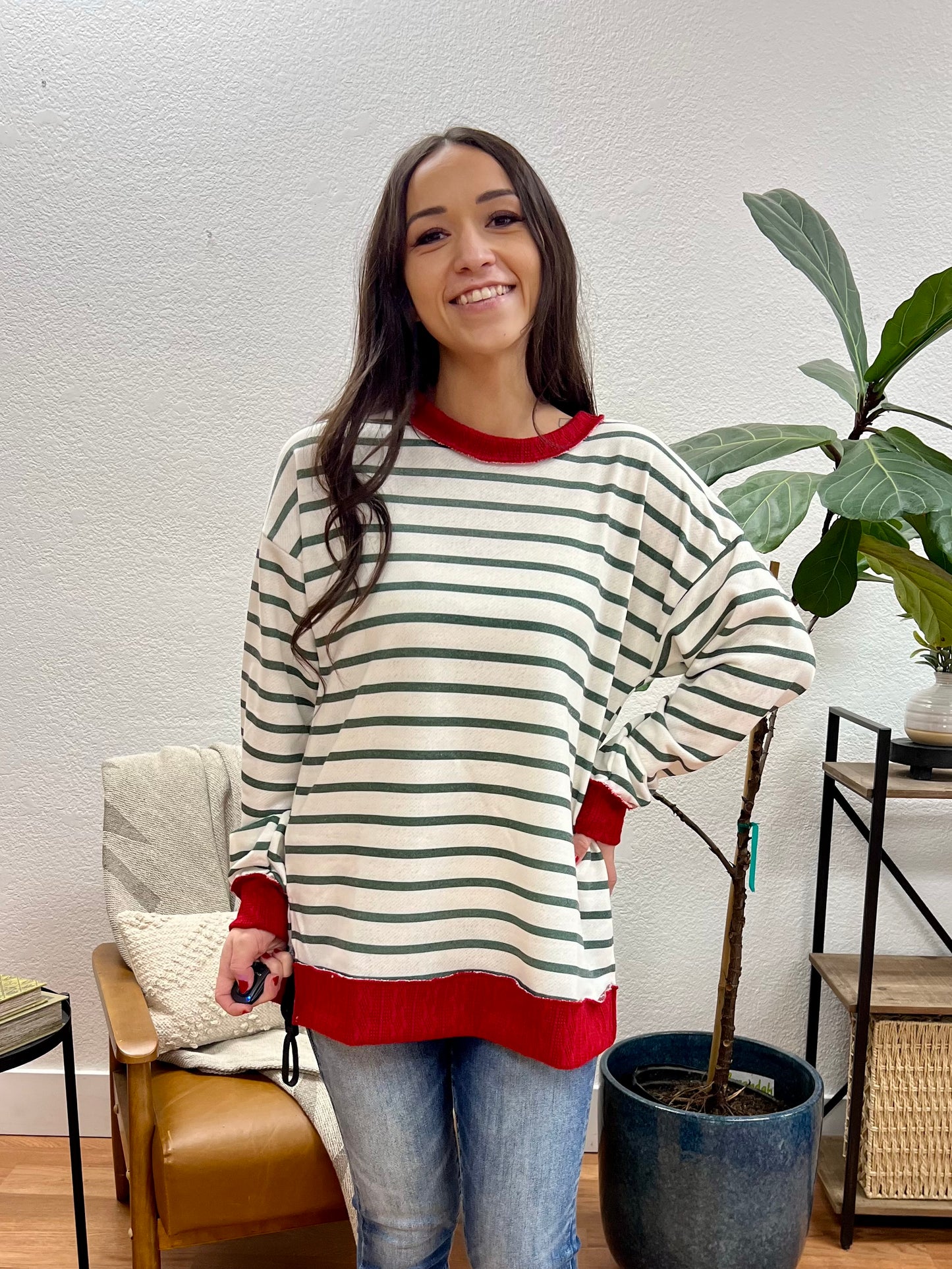 Off White And Hunter Green Striped Pullover