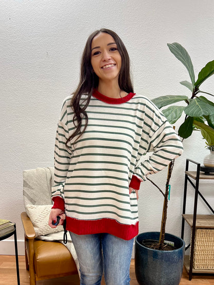 Off White And Hunter Green Striped Pullover