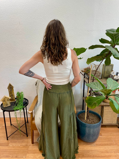 Olive Washed Wide Leg Pants