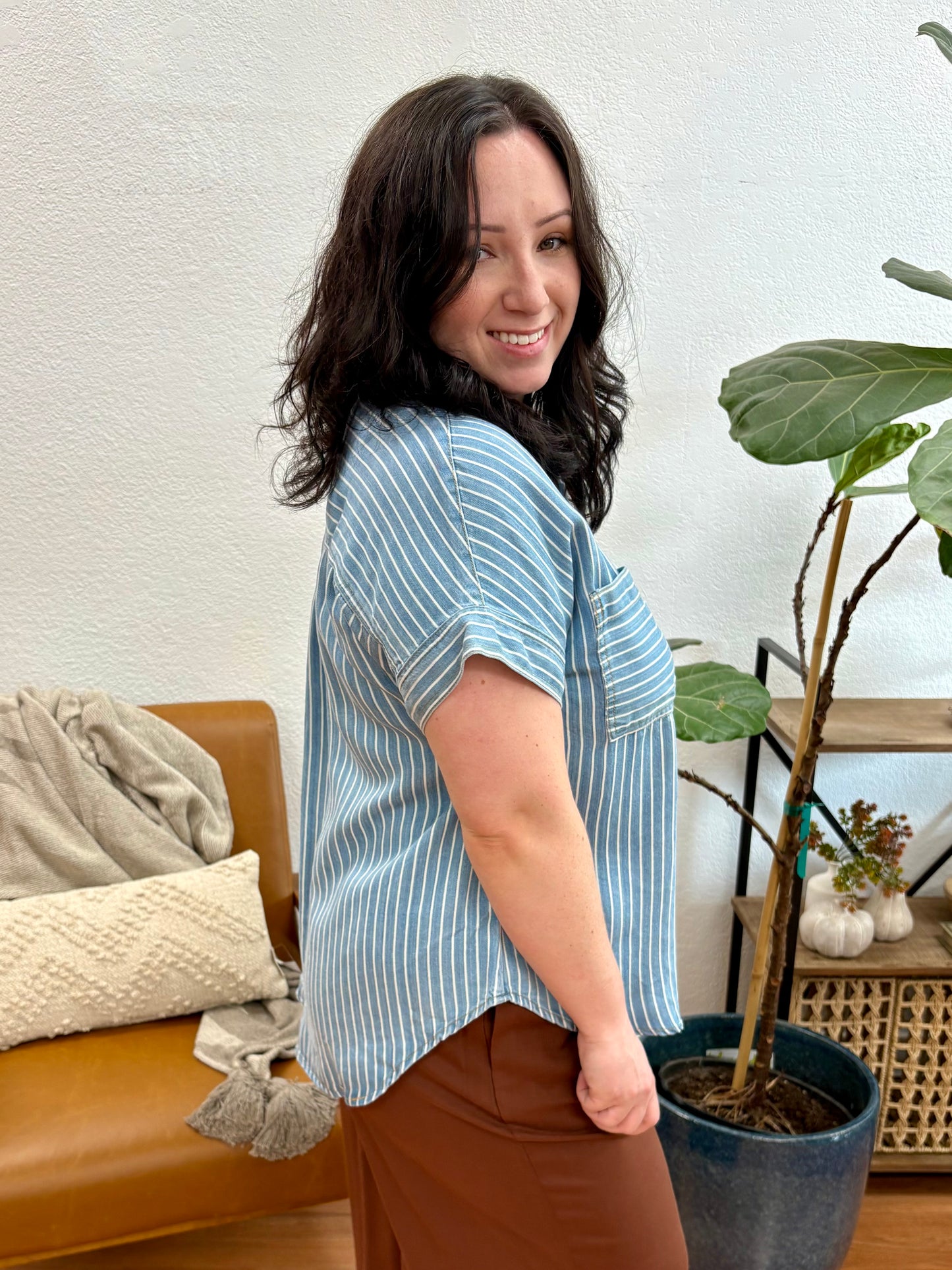 Chambray Stripe Front Pocket Button Down Top