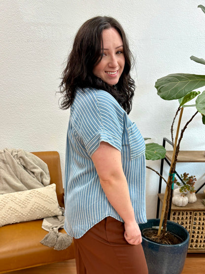 Chambray Stripe Front Pocket Button Down Top