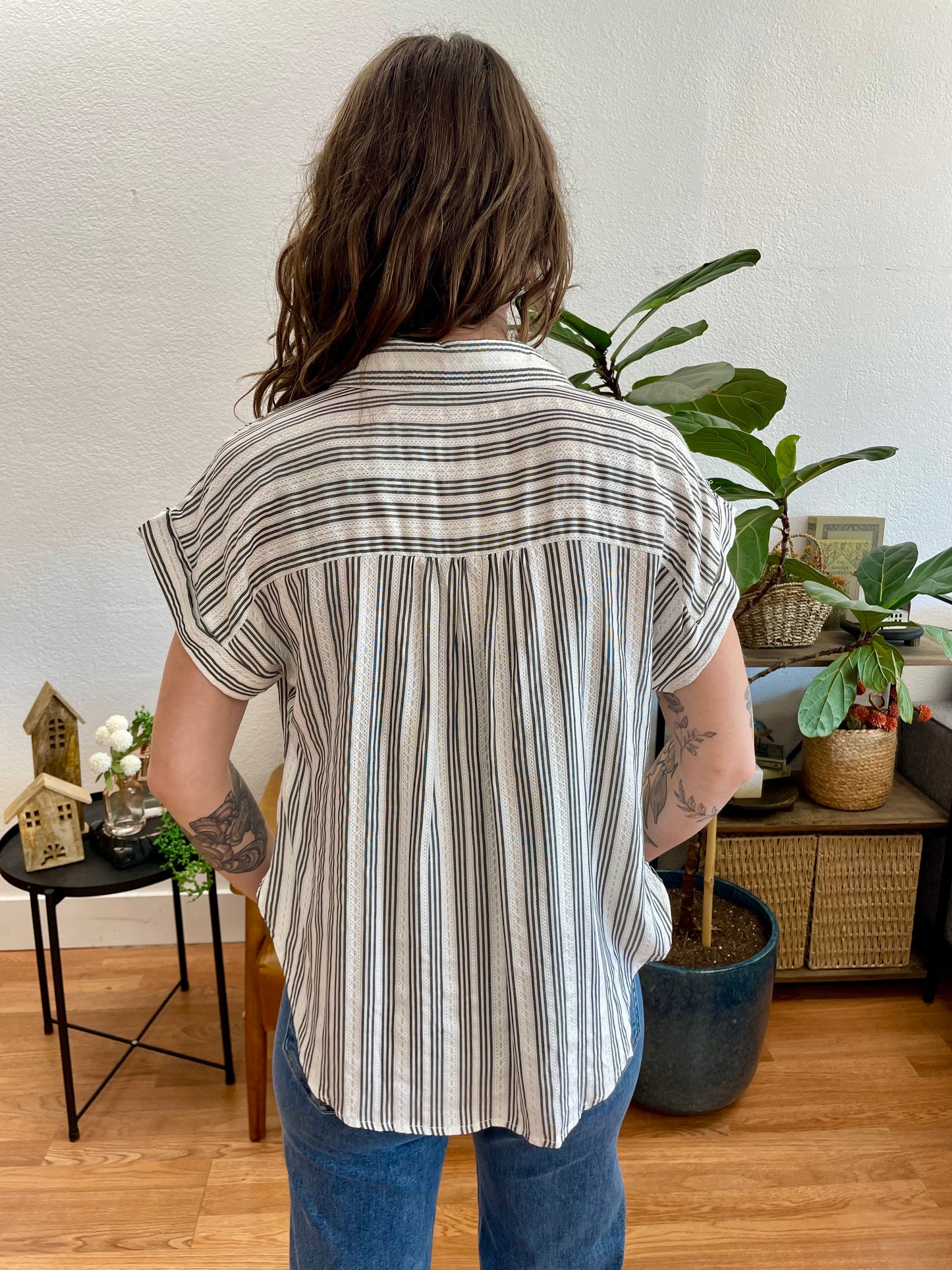 Black Striped half Button Collared top