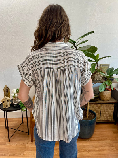 Black Striped half Button Collared top