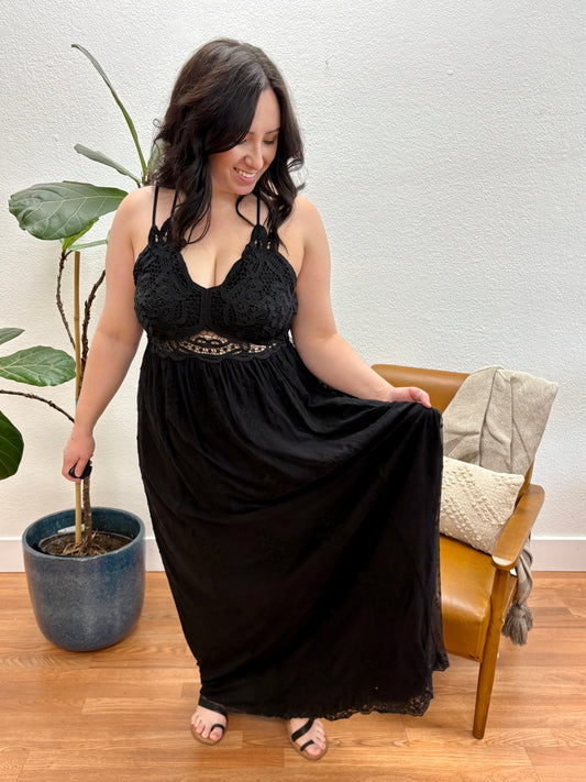 Black Lace Trim Back Cross Maxi Dress