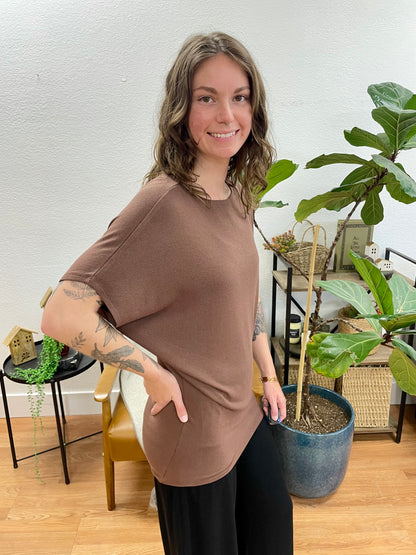 Brown Dolman Sleeve Boat Neck Top