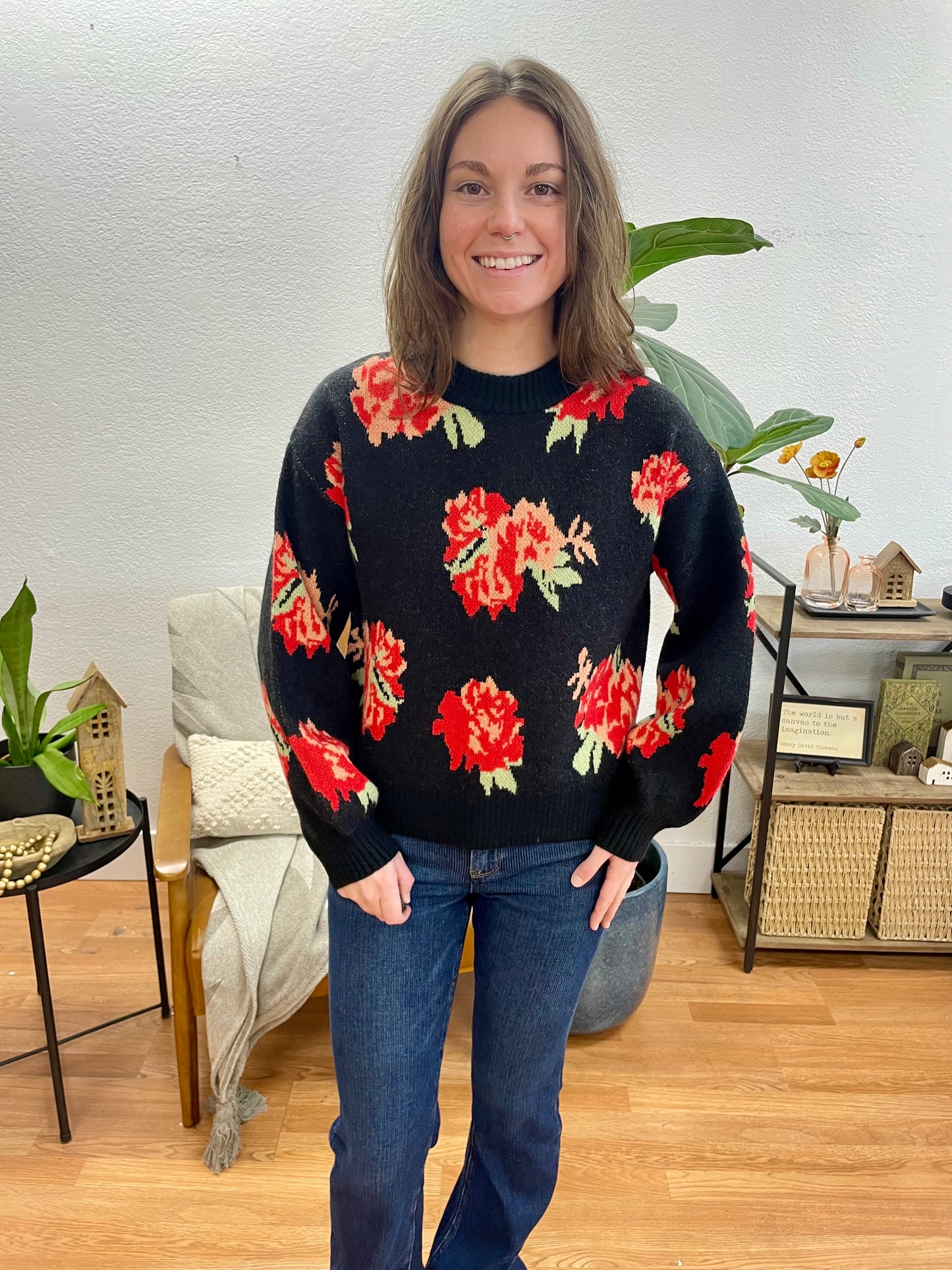 Black Floral Pullover Sweater