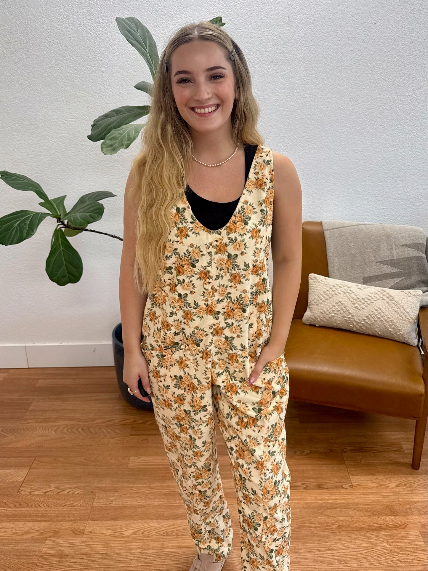 Cream Floral Overalls