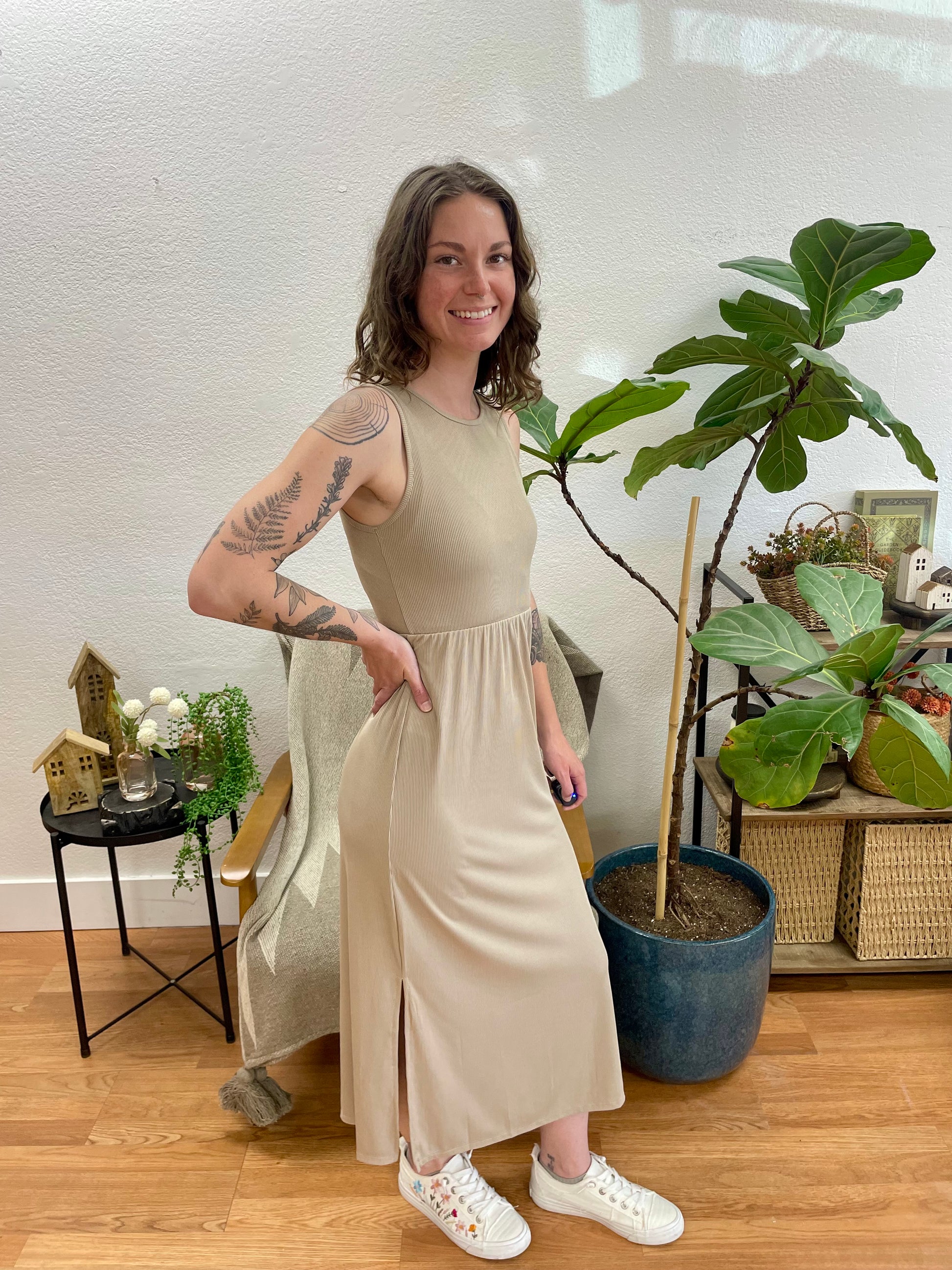 Taupe Ribbed Side Slit Tank Dress - Terra Cottage