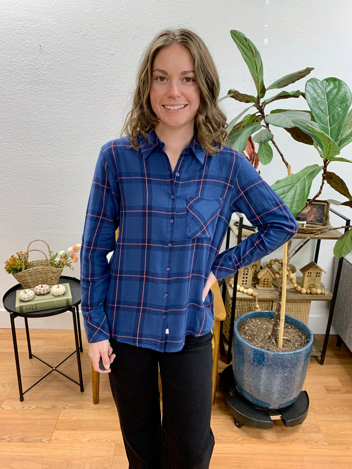 Navy Plaid Rolled Sleeve Shirt