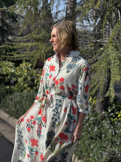 White Floral Tie Closure Shirt Dress