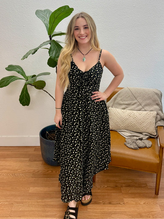 Black Ditsy Floral Midi Dress