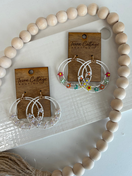 Seed Beaded Hoop & Flower Drop Earrings