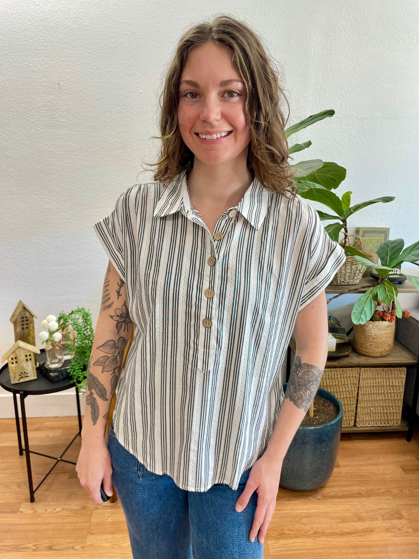 Black Striped half Button Collared top