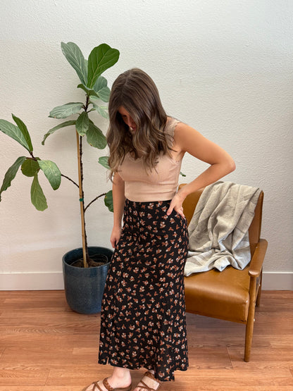 Black Floral Split Hem Midi Skirt