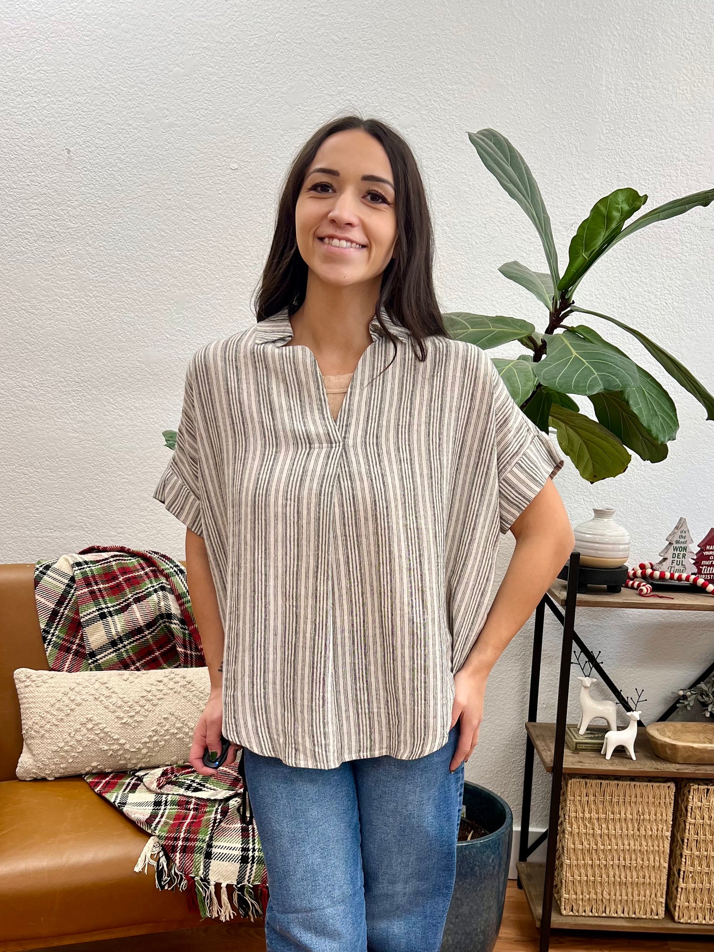 Black And Cream Button Back Blouse