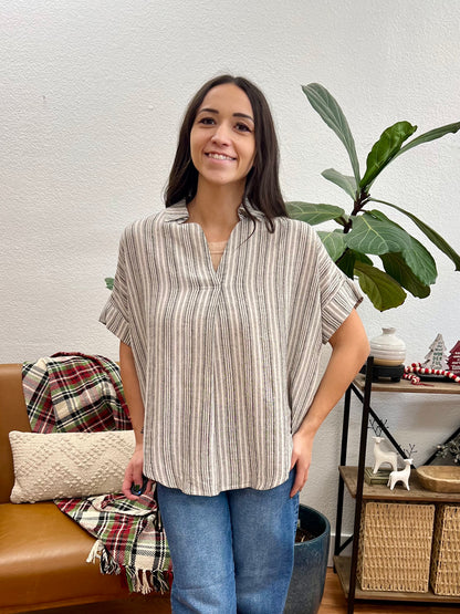Black And Cream Button Back Blouse