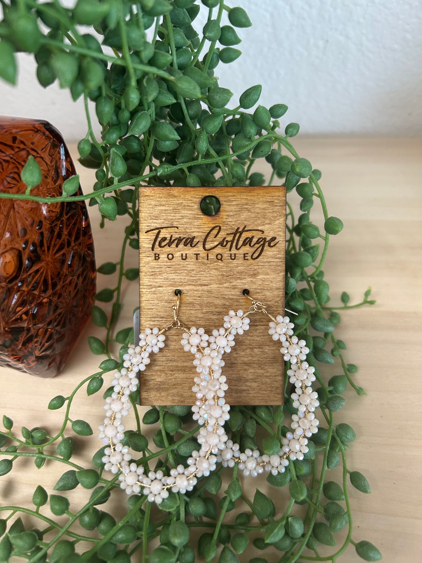 Oval Floral Beaded Drop Earrings