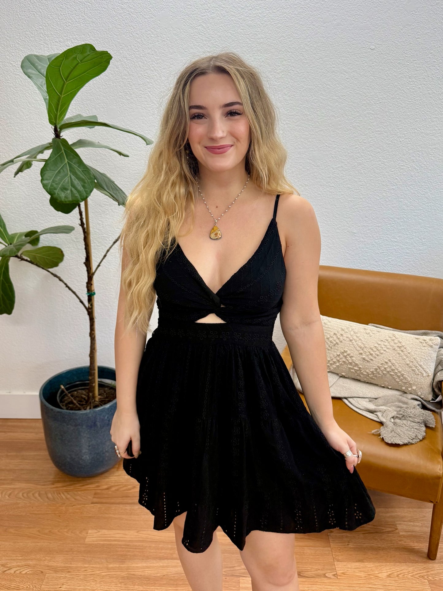 Black Eyelet Embroidered Twist Dress