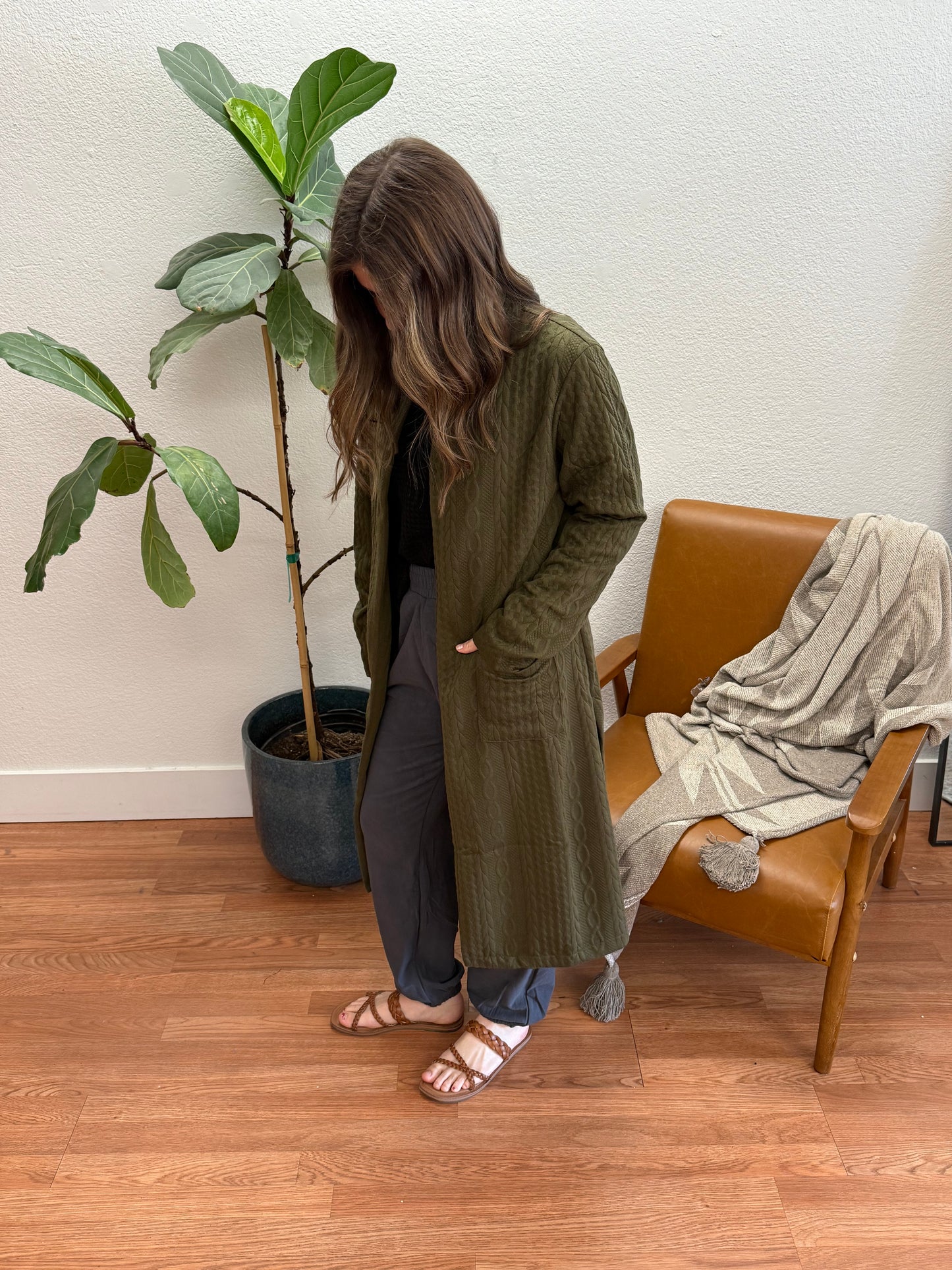 Olive Braided Long Pocket Cardigan