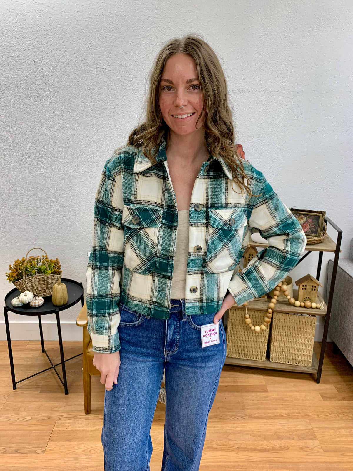 Teal Cropped Plaid Jacket
