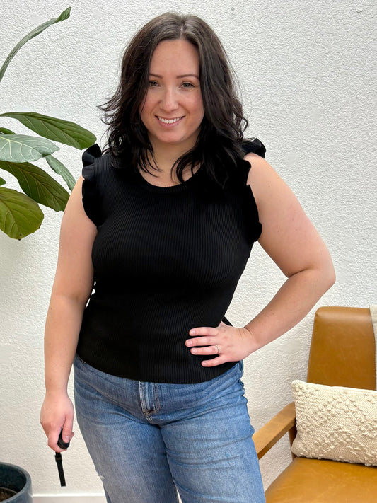 Black Ruffle Sleeveless Sweater Knit Tank