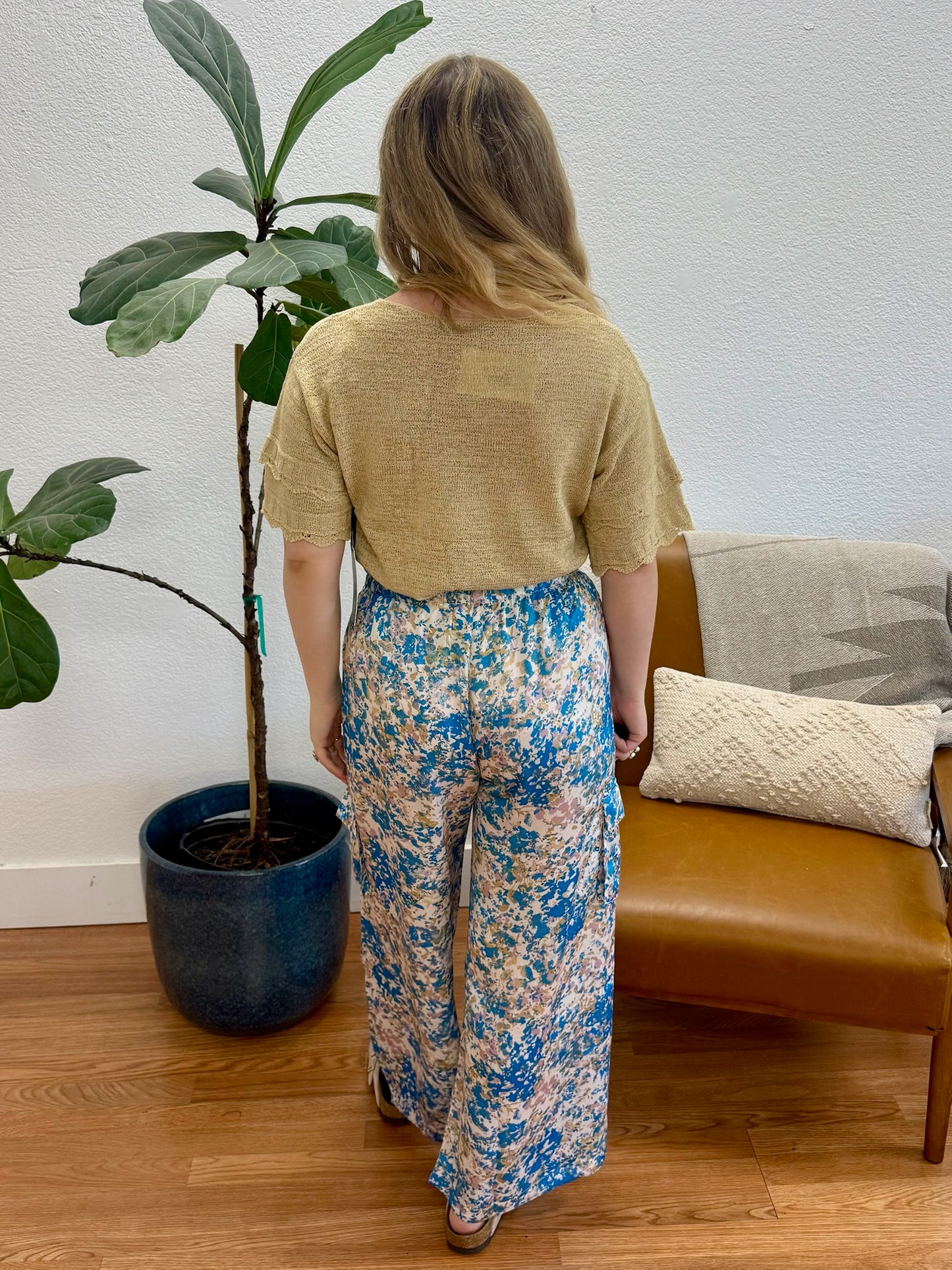 Blue Satin Cargo Pants