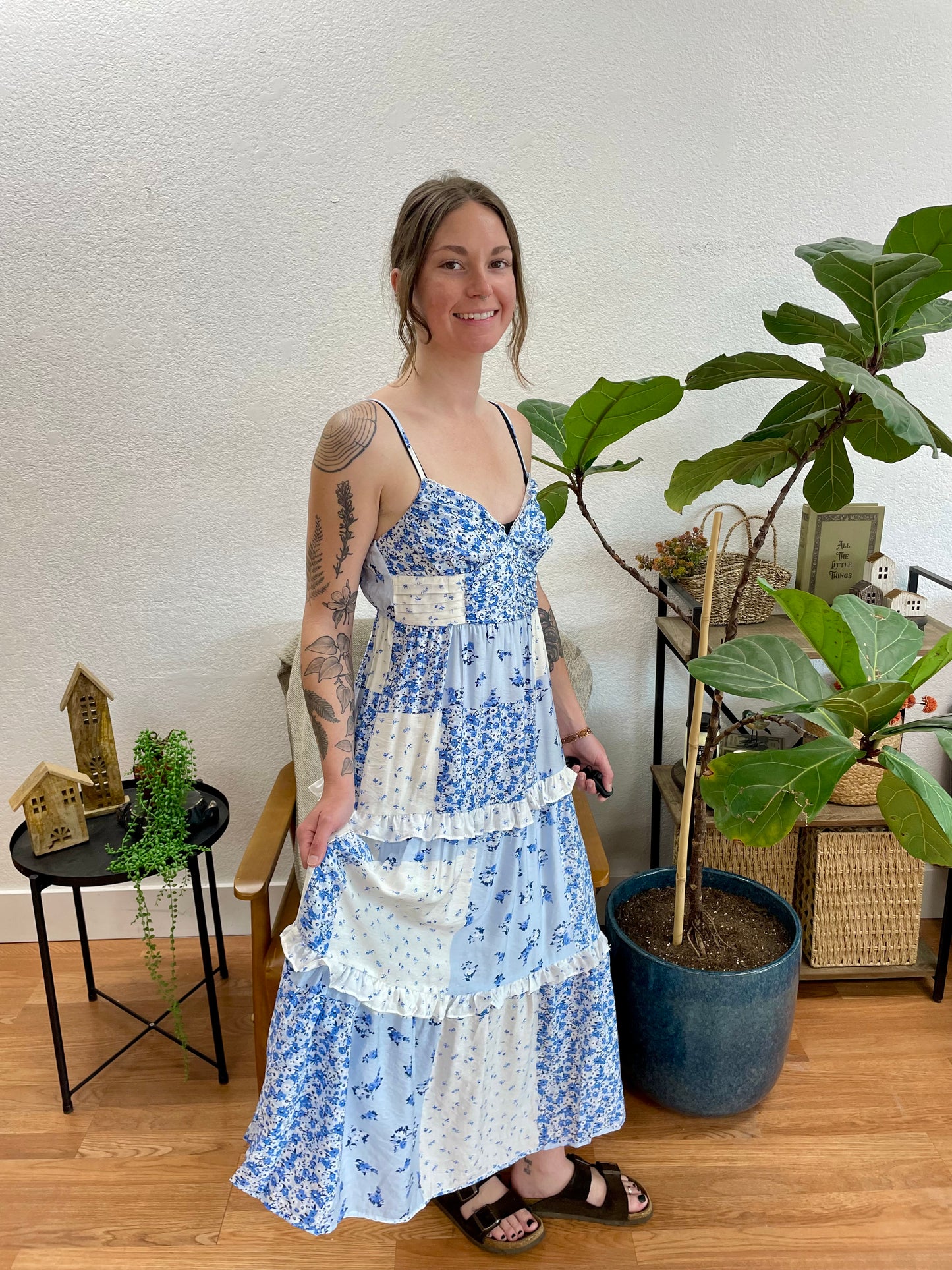 Blue Patchwork Midi Dress